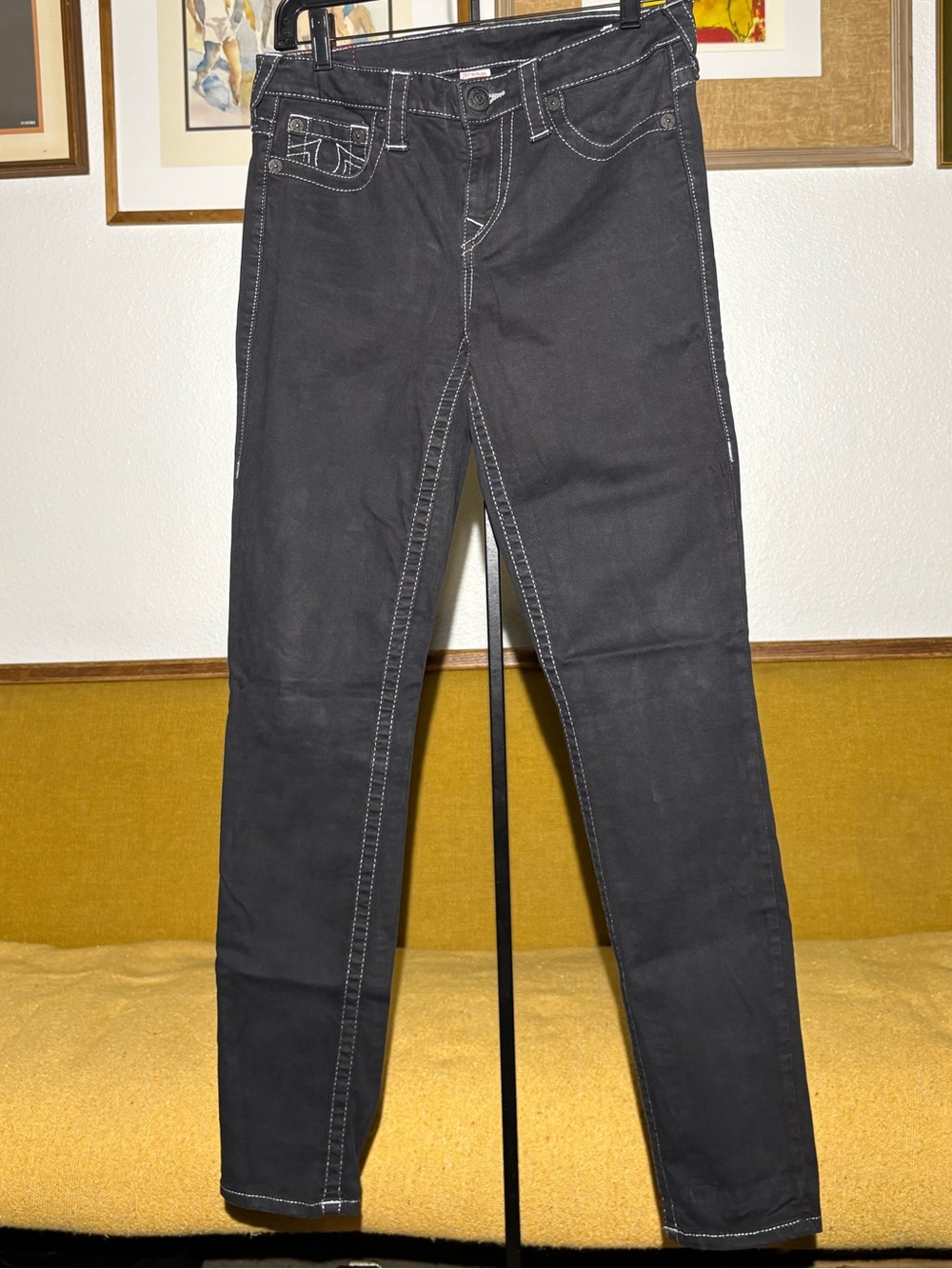 True Religion Women's "Super Skinny" Contrast Stitch Jeans - Grey Anvil Size 29